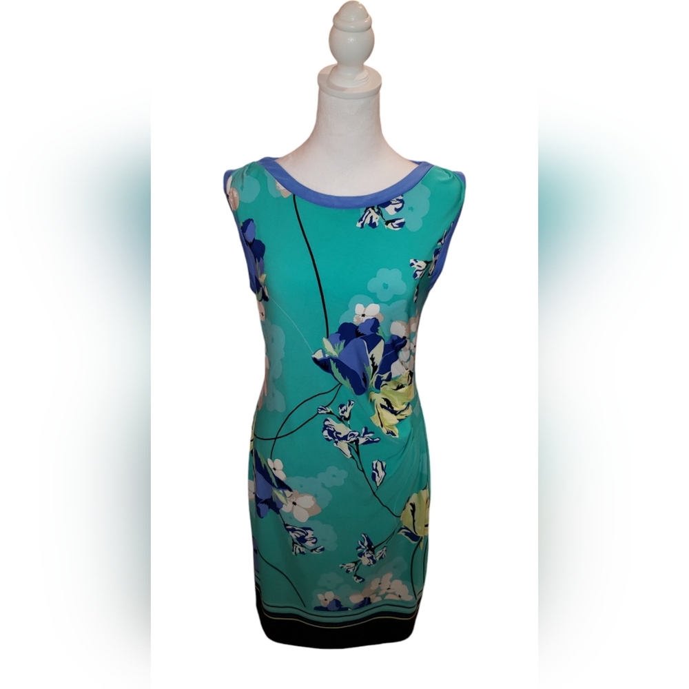 Women's Sz MED | Apt 9 | Teal & Periwinkle Faux Wrap Flattering  Dress |  EUC